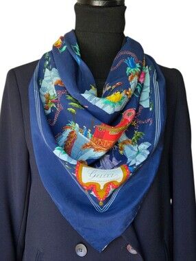 GUCCI Vintage Silk Scarf V. Accornero Pagoda Floating Islands Navy Blue 34"